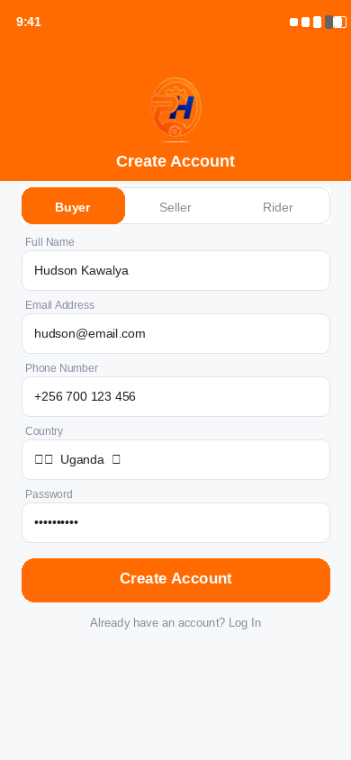 Sign up screen