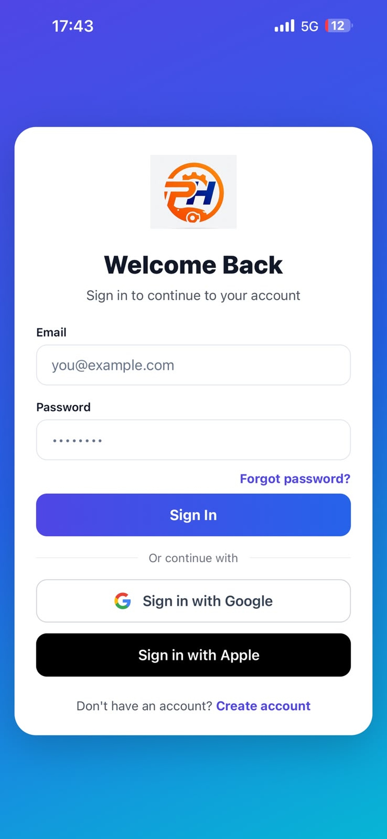 Sign in screen