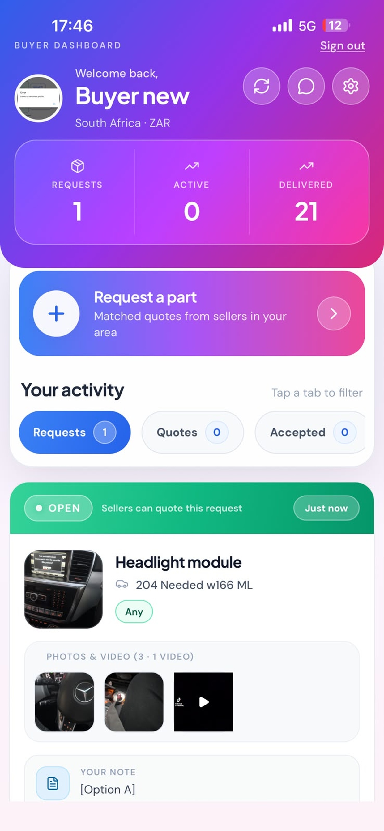 Buyer dashboard