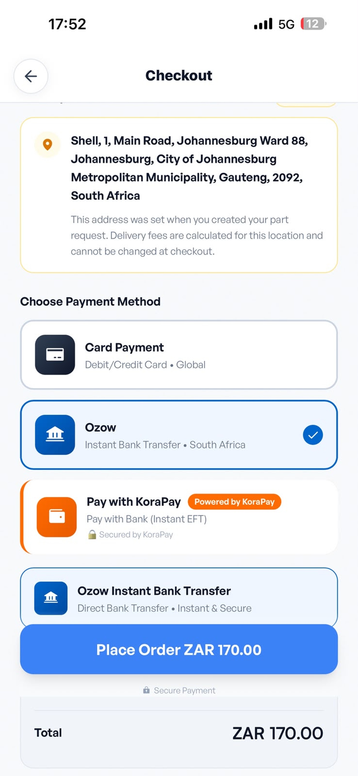 Checkout payment selection