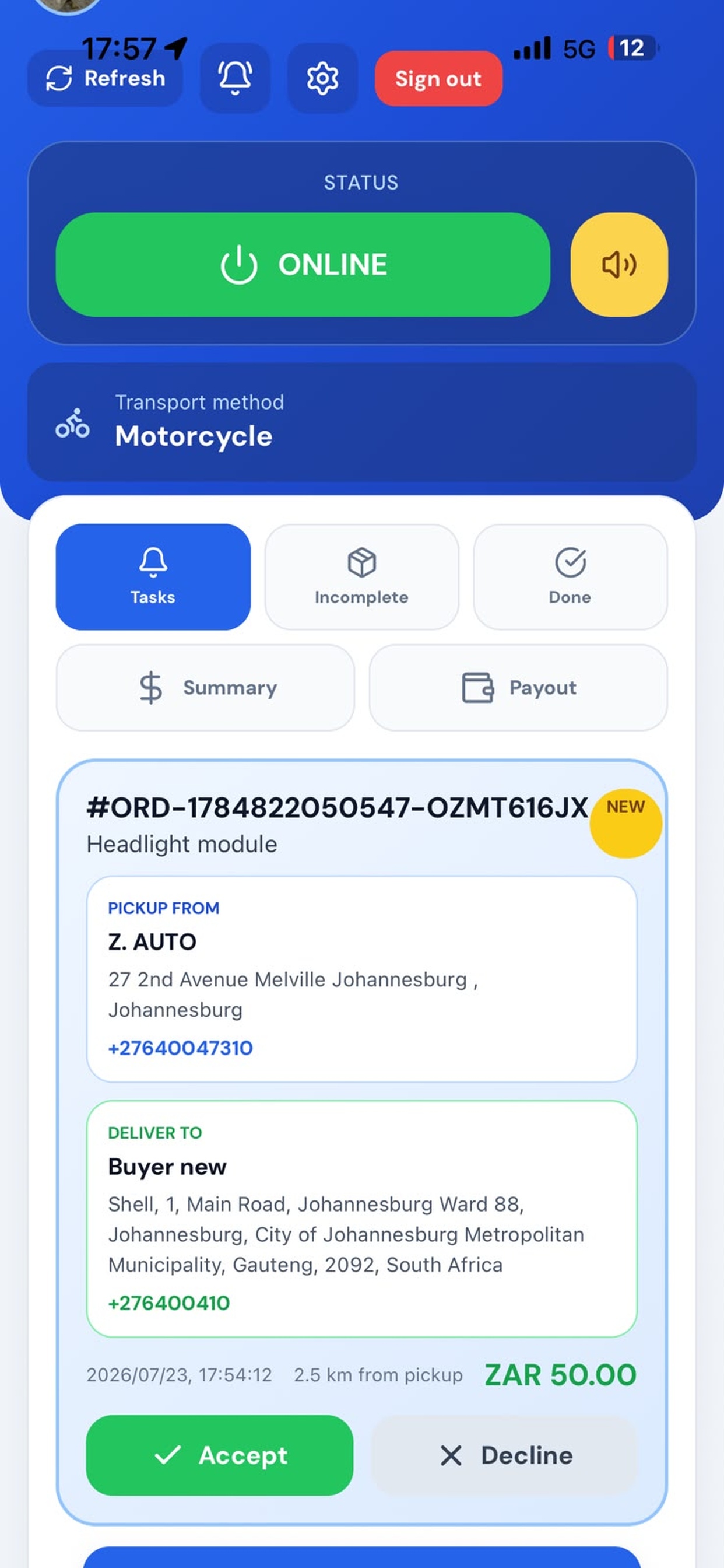 Rider task acceptance