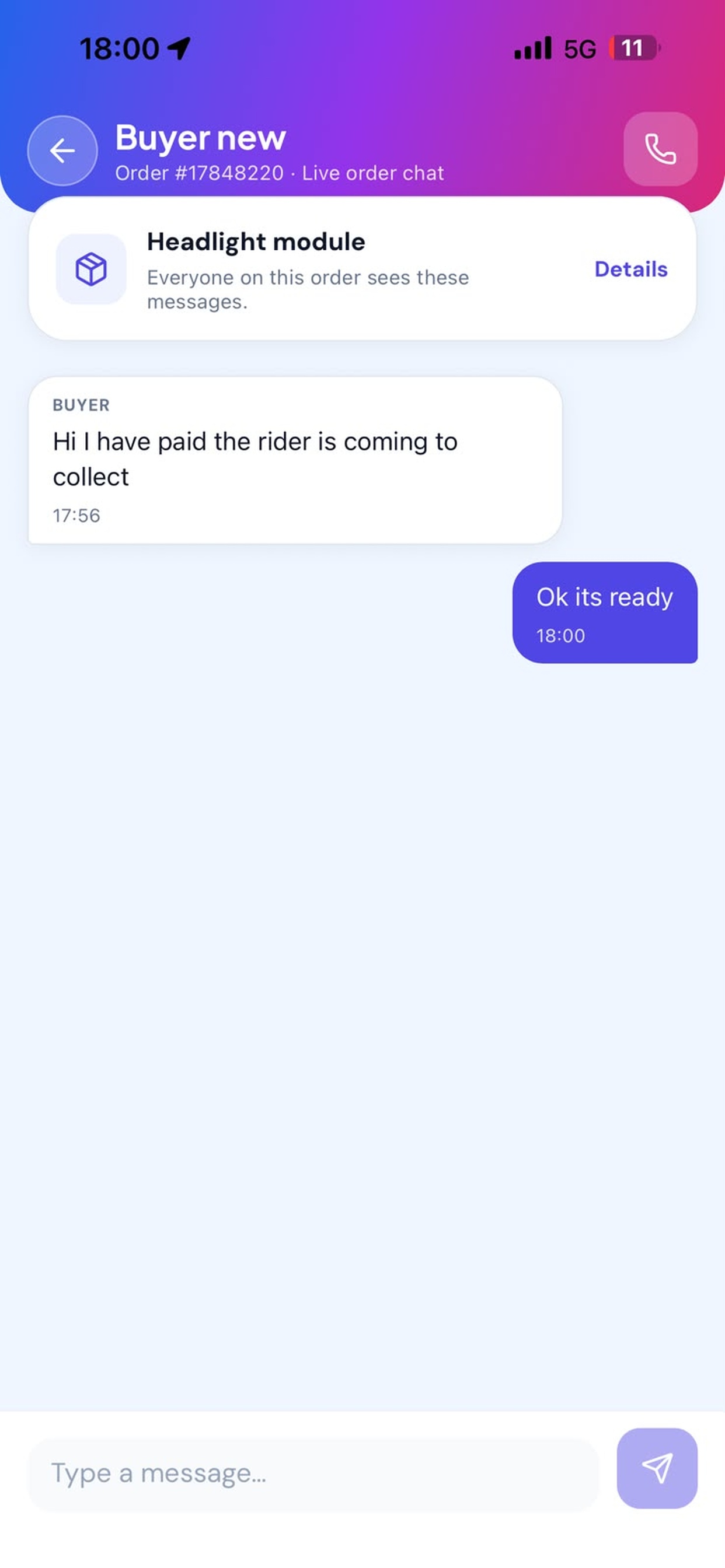 In-app order chat
